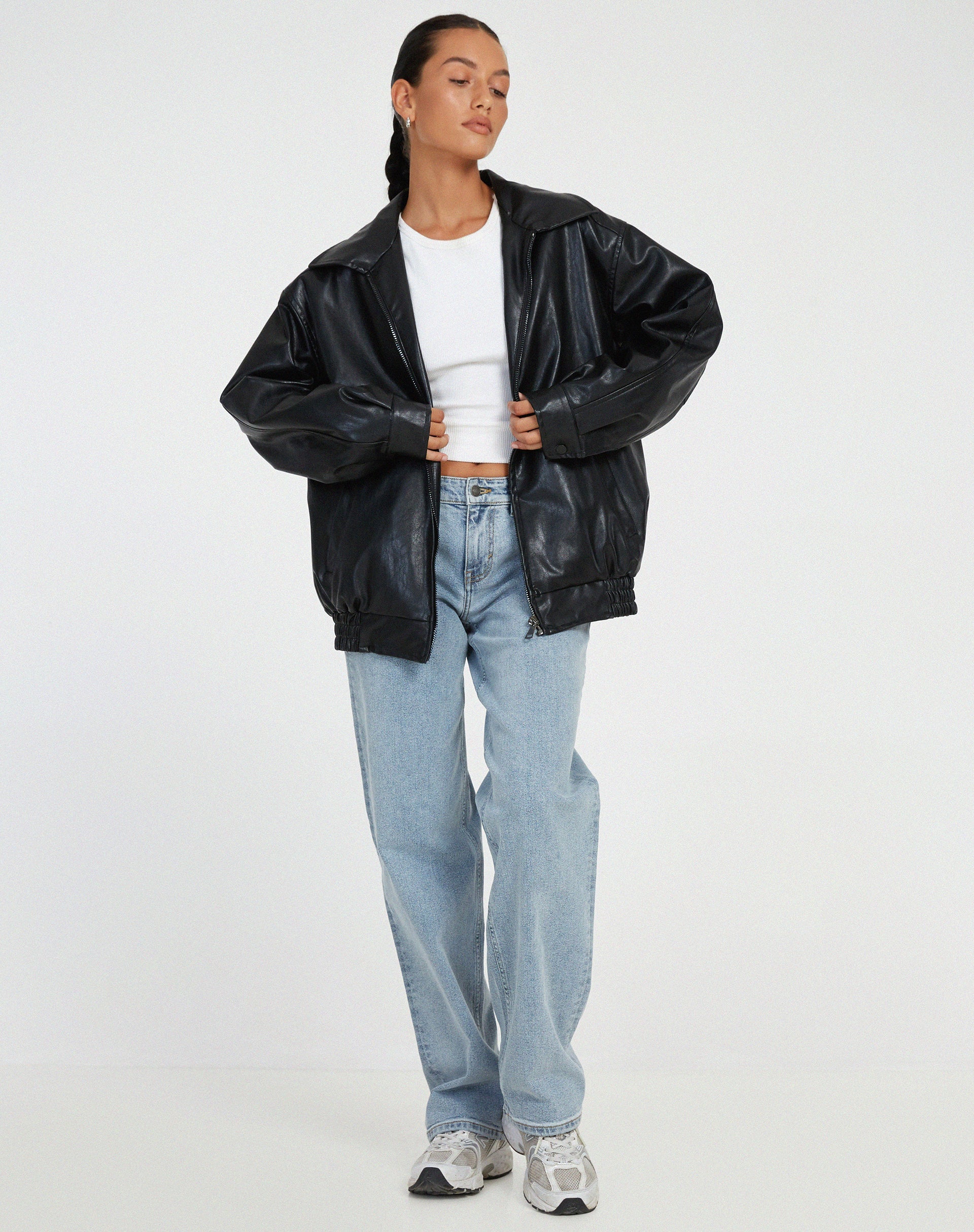Effortless Brown Oversized Faux Leather Jacket for Women with Spread Collar Zip Front Relaxed Casual Style