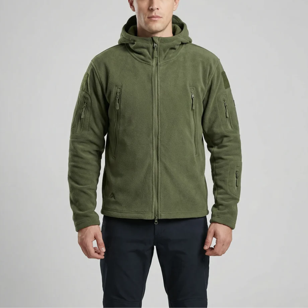 Warm Fleece Jacket for Men with Hooded Collar Long Sleeve Full Zip Tactical Outdoor Style