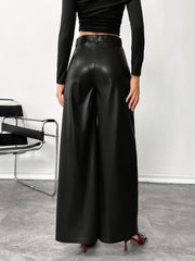 Chic Black Faux Leather Slacks for Women with High Waist Wide Leg Tailored Trouser Style