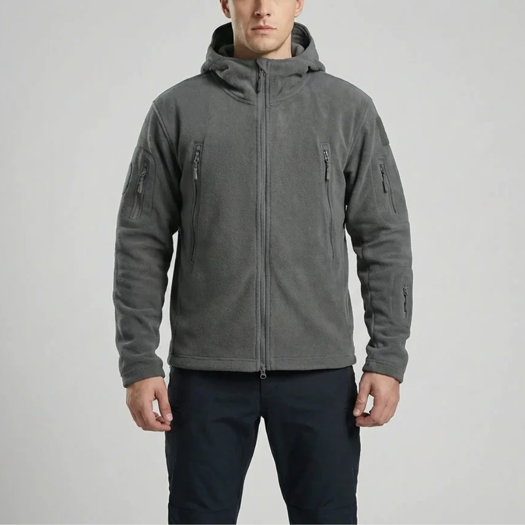 Warm Fleece Jacket for Men with Hooded Collar Long Sleeve Full Zip Tactical Outdoor Style