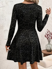 Elegant Black Cocktail Dress for Women with Sweetheart Neck Long Sleeve Fit and Flare Sparkle Style