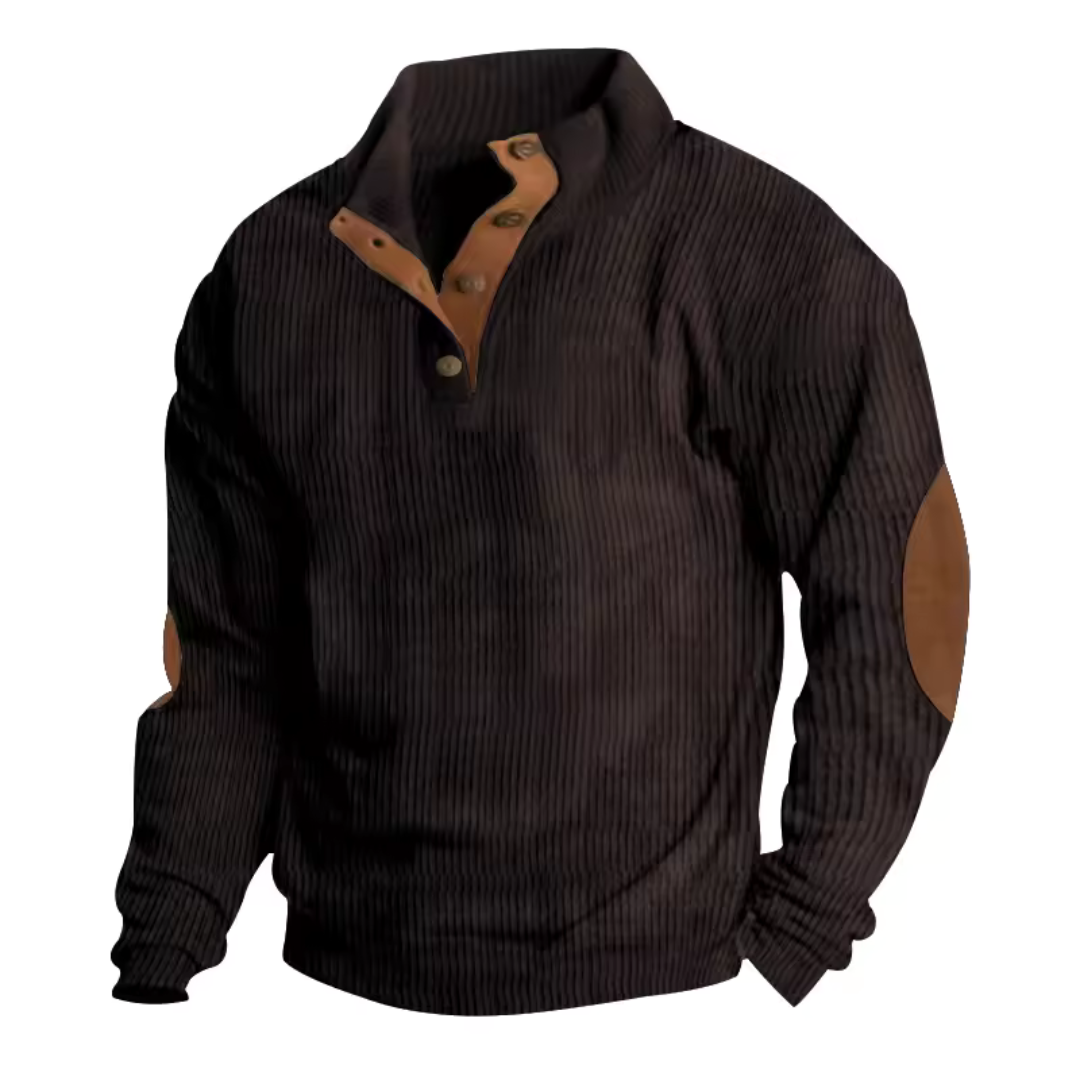 Cozy Ribbed Knit Button Sweater for Men with Stand Collar Long Sleeve Elbow Patch Pullover Style