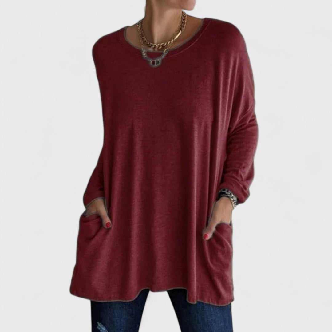 Comfortable Oversized Tunic for Women with Round Neck Long Sleeve Relaxed Pocket Casual Style