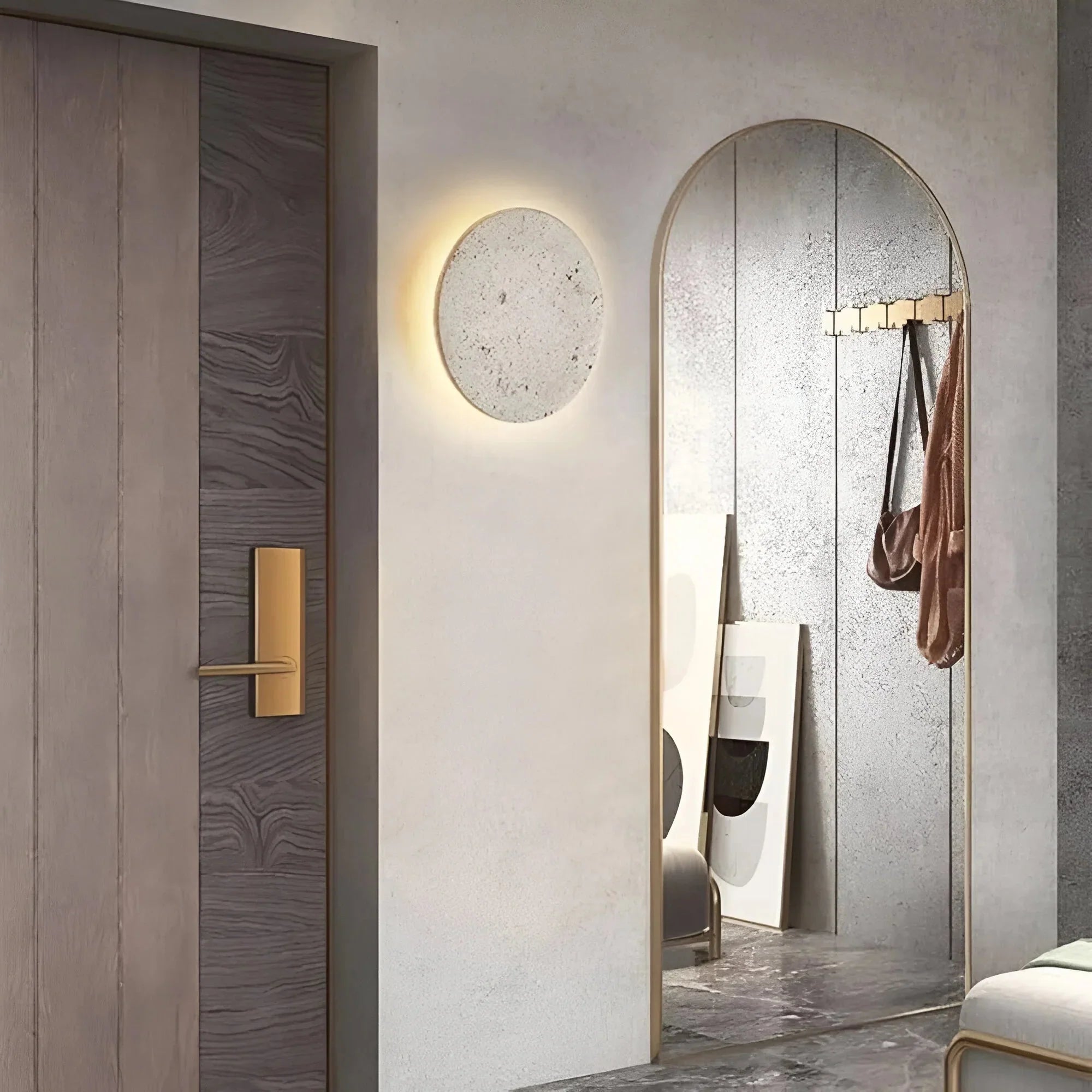 Stone Wall Lamp Round Travertine Backlit LED Minimalist Indoor Sconce Wall Light
