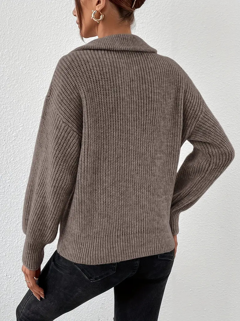 Cozy Quarter-Zip Knit Sweater for Women with Spread Collar Long Sleeve Lightweight Pullover Style