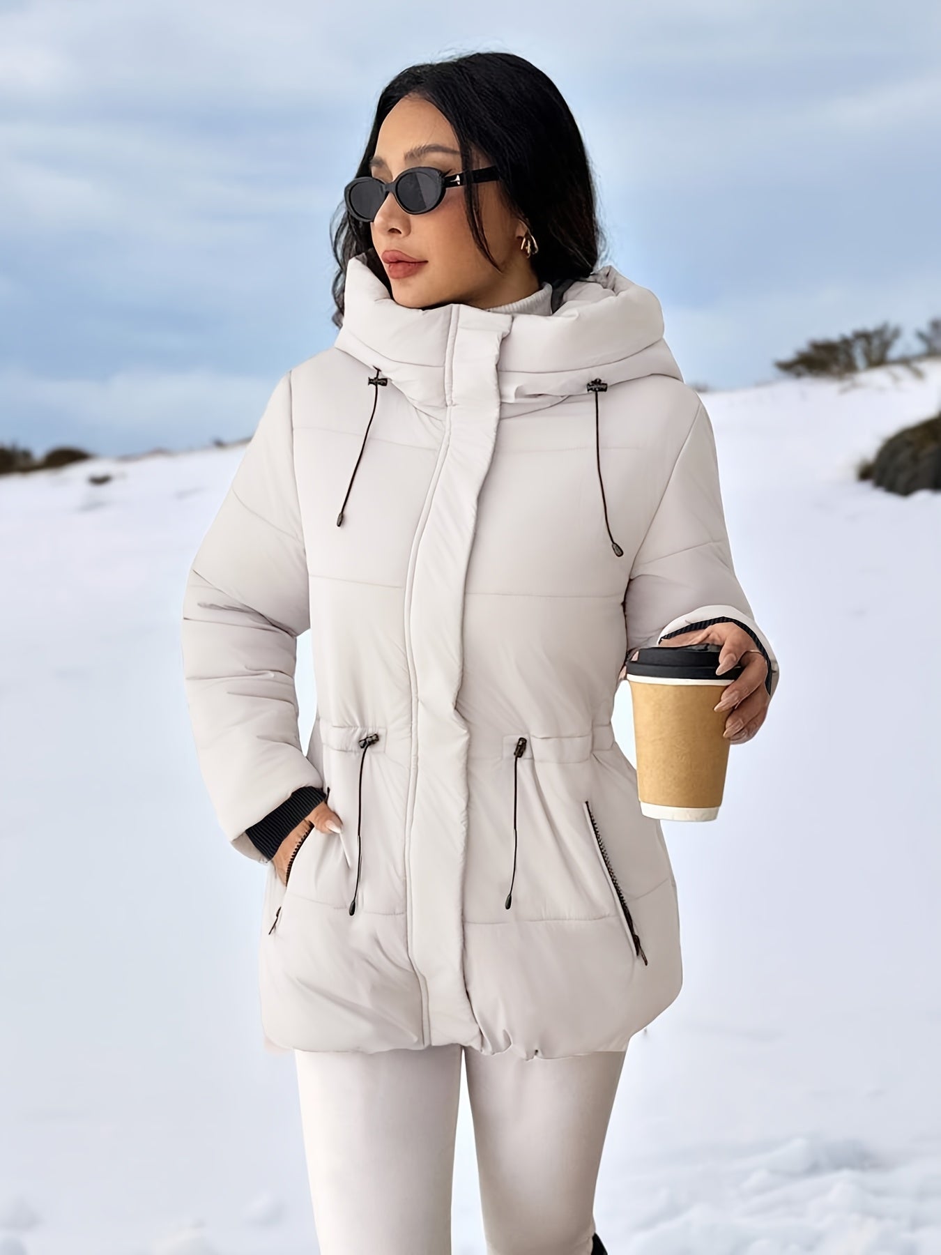 Cozy Quilted Ski Jacket for Women with Hooded Long Sleeve Drawstring Waist Zip Pocket Style