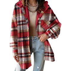 Cozy Plaid Shacket for Women with Hooded Collar Long Sleeve Sherpa Lined Flannel Oversized Style