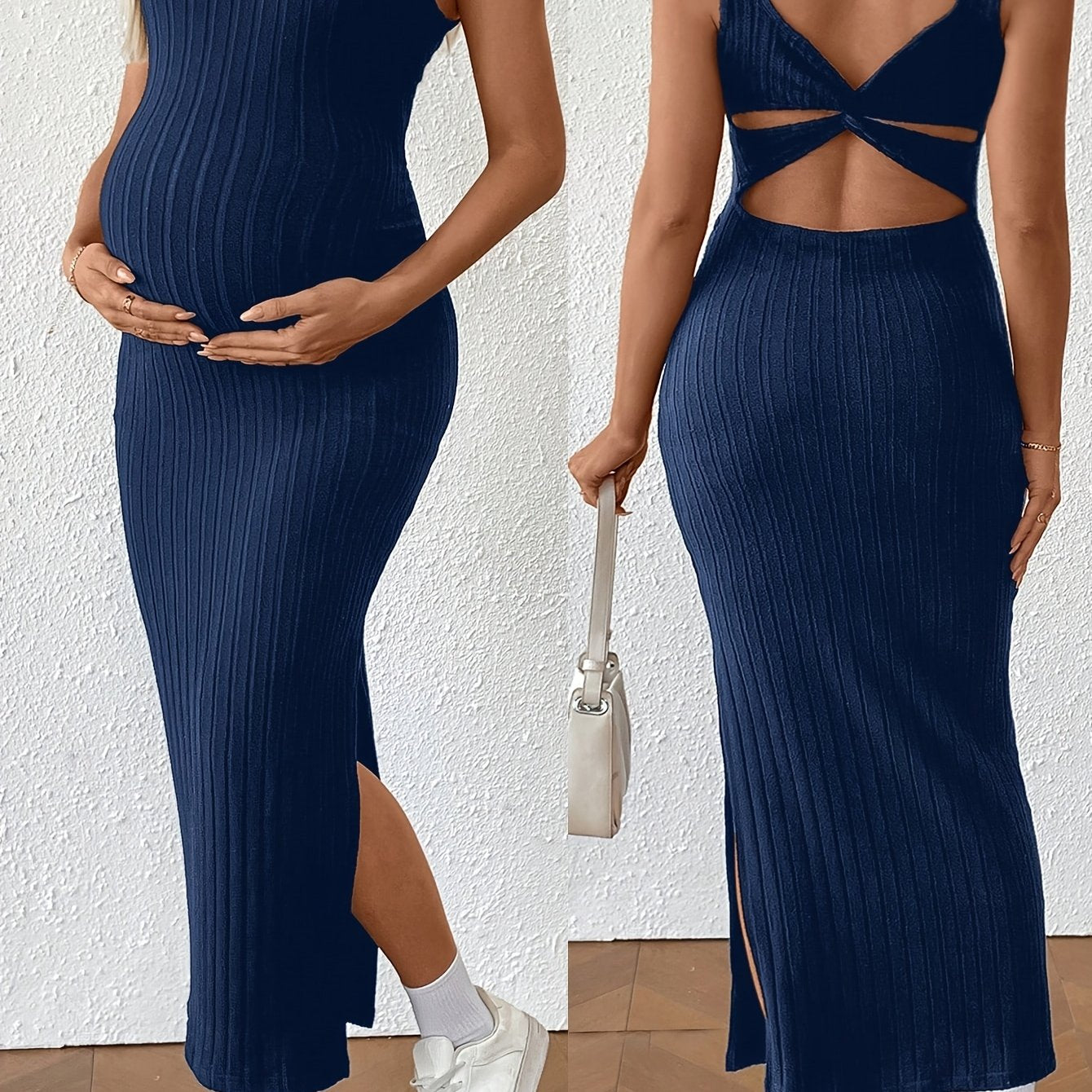 Elegant Ribbed Knit Maternity Maxi Dress for Women with Square Neck Sleeveless Crisscross Back Bodycon Style