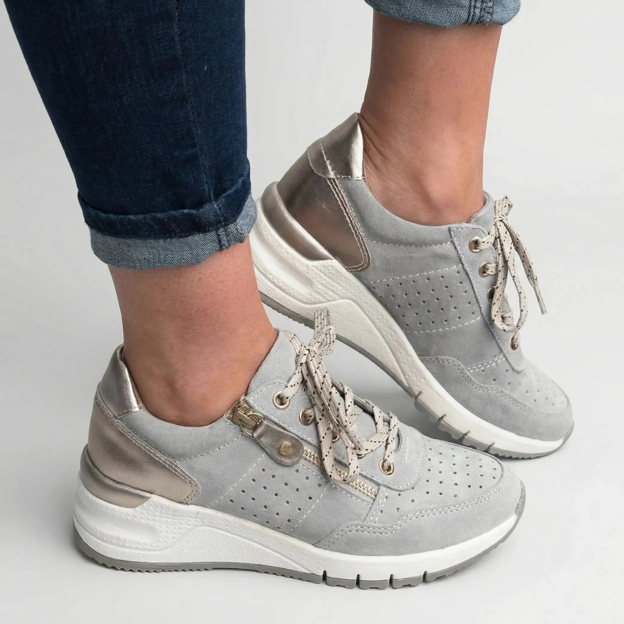 Comfortable Wedge Sneakers for Women with Round Toe Side Zip Lace Up Perforated Metallic Style