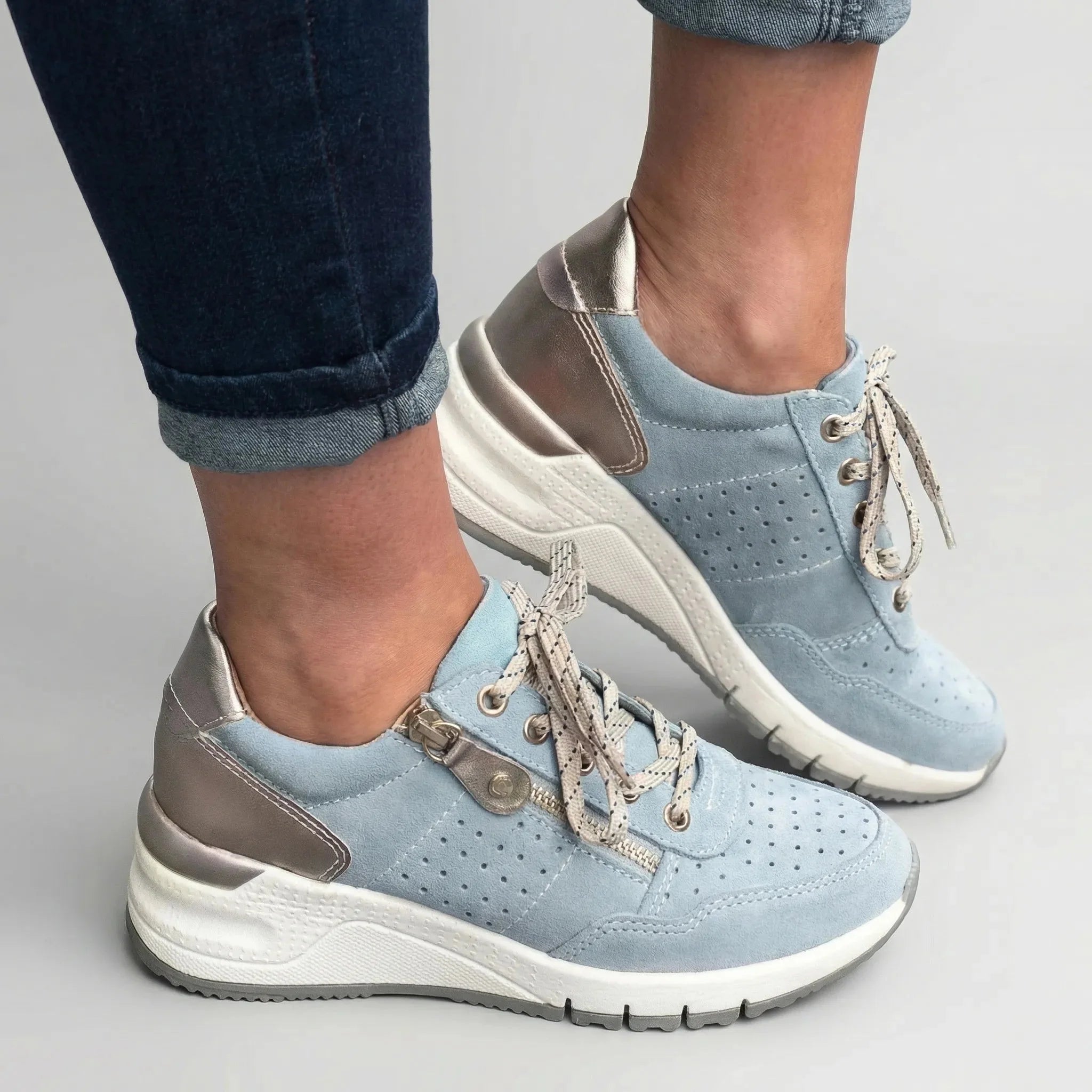 Comfortable Wedge Sneakers for Women with Round Toe Side Zip Lace Up Perforated Metallic Style