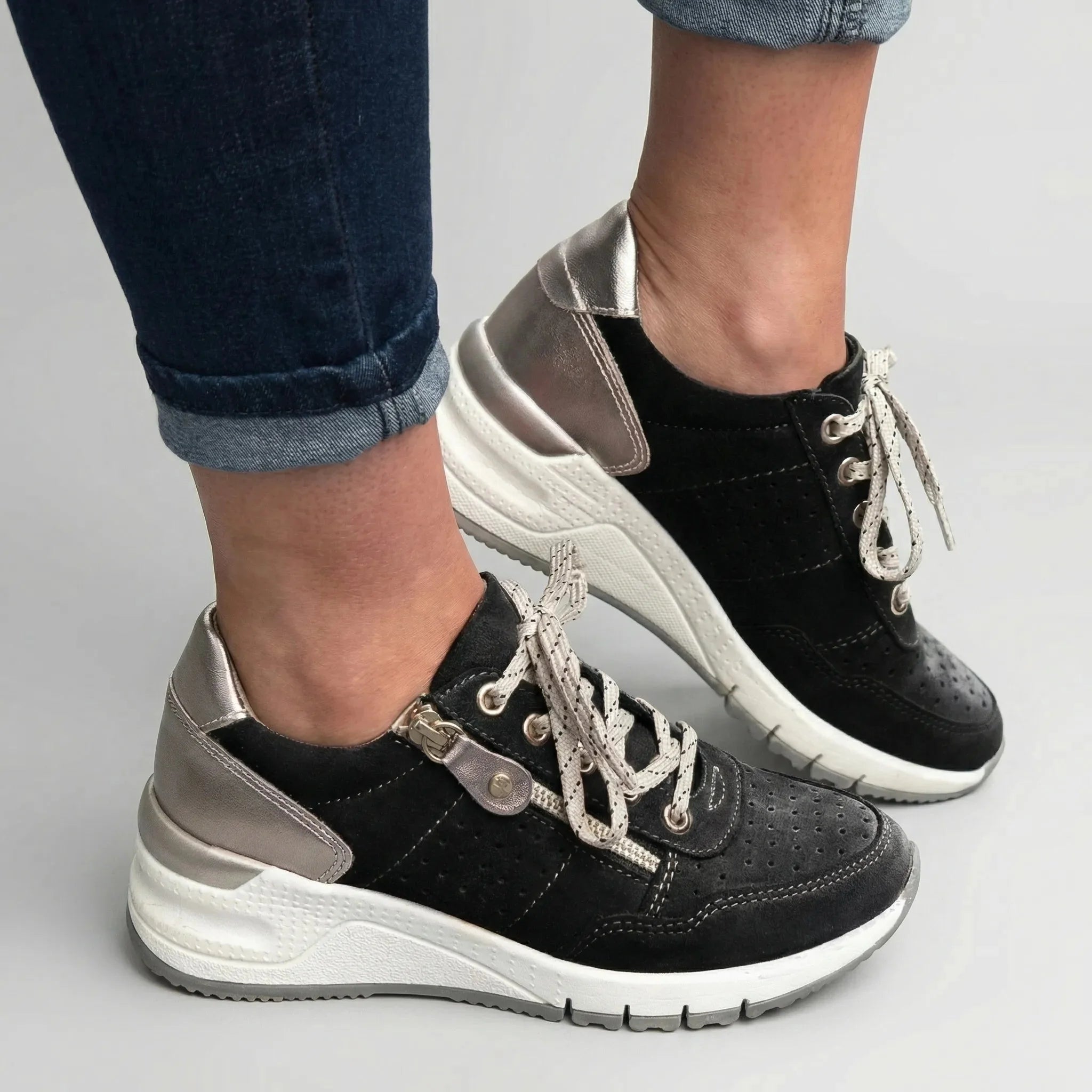Comfortable Wedge Sneakers for Women with Round Toe Side Zip Lace Up Perforated Metallic Style