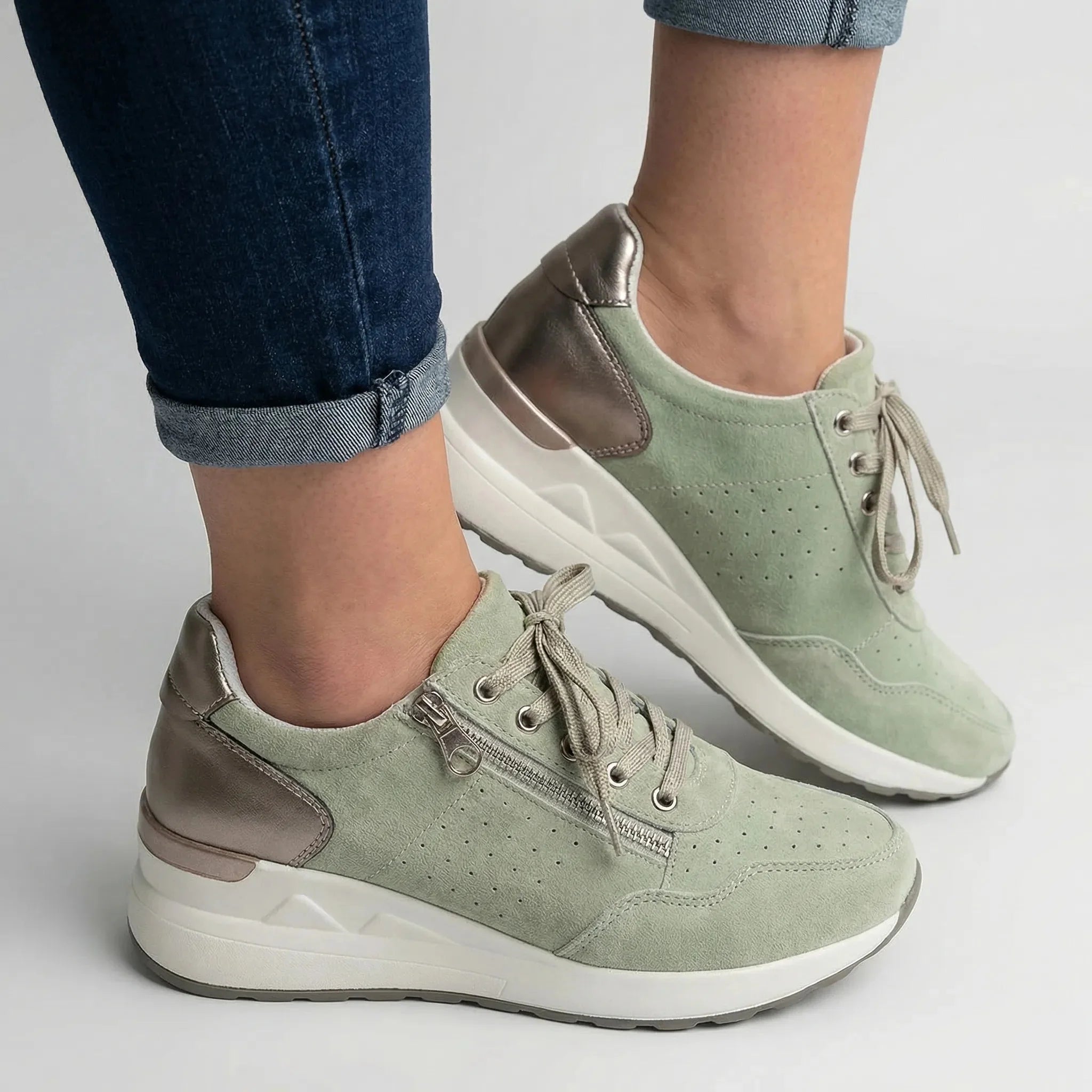 Comfortable Wedge Sneakers for Women with Round Toe Side Zip Lace Up Perforated Metallic Style