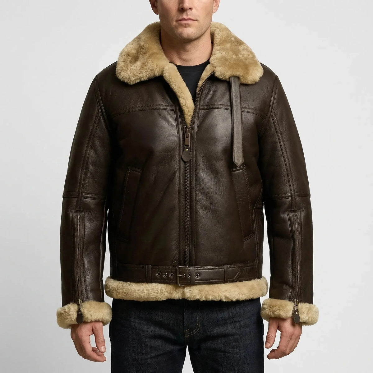 Warm Aviator Jacket for Men with Fur Collar Long Sleeve Zip Up Faux Shearling Moto Style