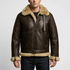 Warm Aviator Jacket for Men with Fur Collar Long Sleeve Zip Up Faux Shearling Moto Style