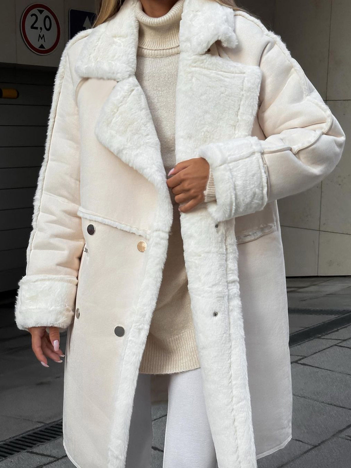 Cozy Faux Fur Coat for Women with Notched Lapel Long Sleeve Double Breasted Shearling Style