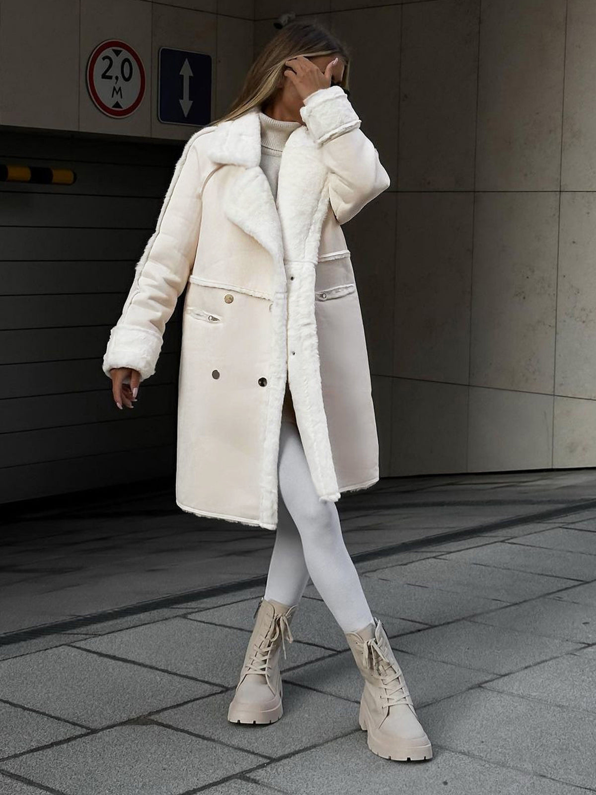Cozy Faux Fur Coat for Women with Notched Lapel Long Sleeve Double Breasted Shearling Style