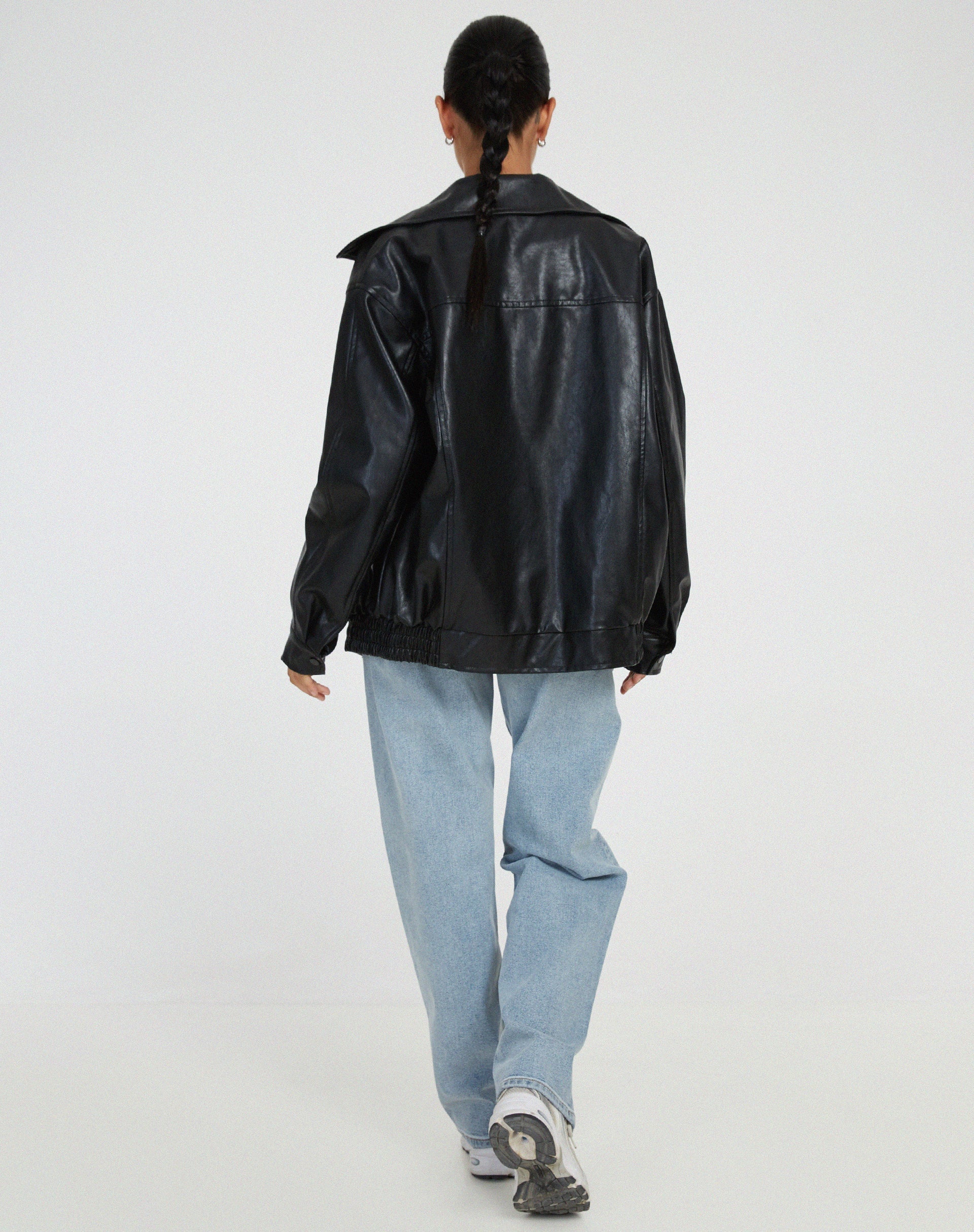 Effortless Brown Oversized Faux Leather Jacket for Women with Spread Collar Zip Front Relaxed Casual Style