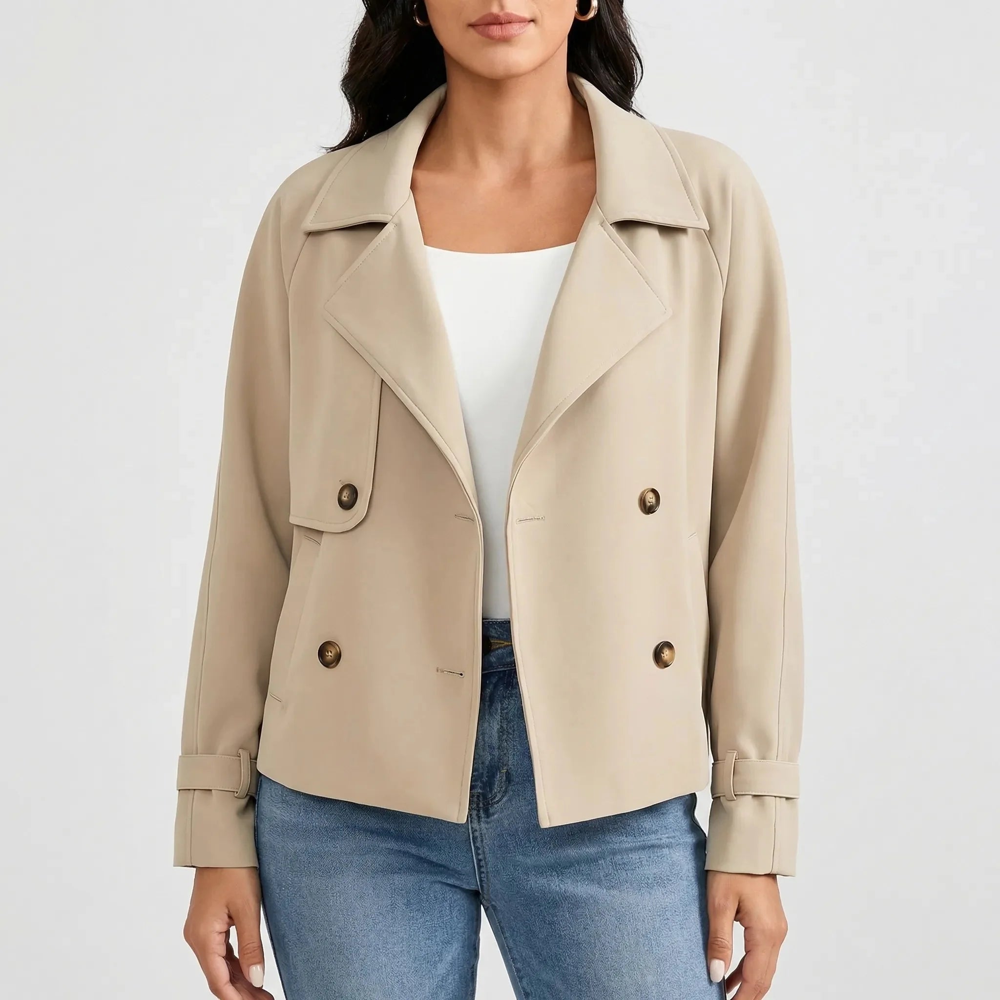 Chic Blazer for Women with Wide Lapel Long Sleeve Double Breasted Cuff Tab Cropped Style