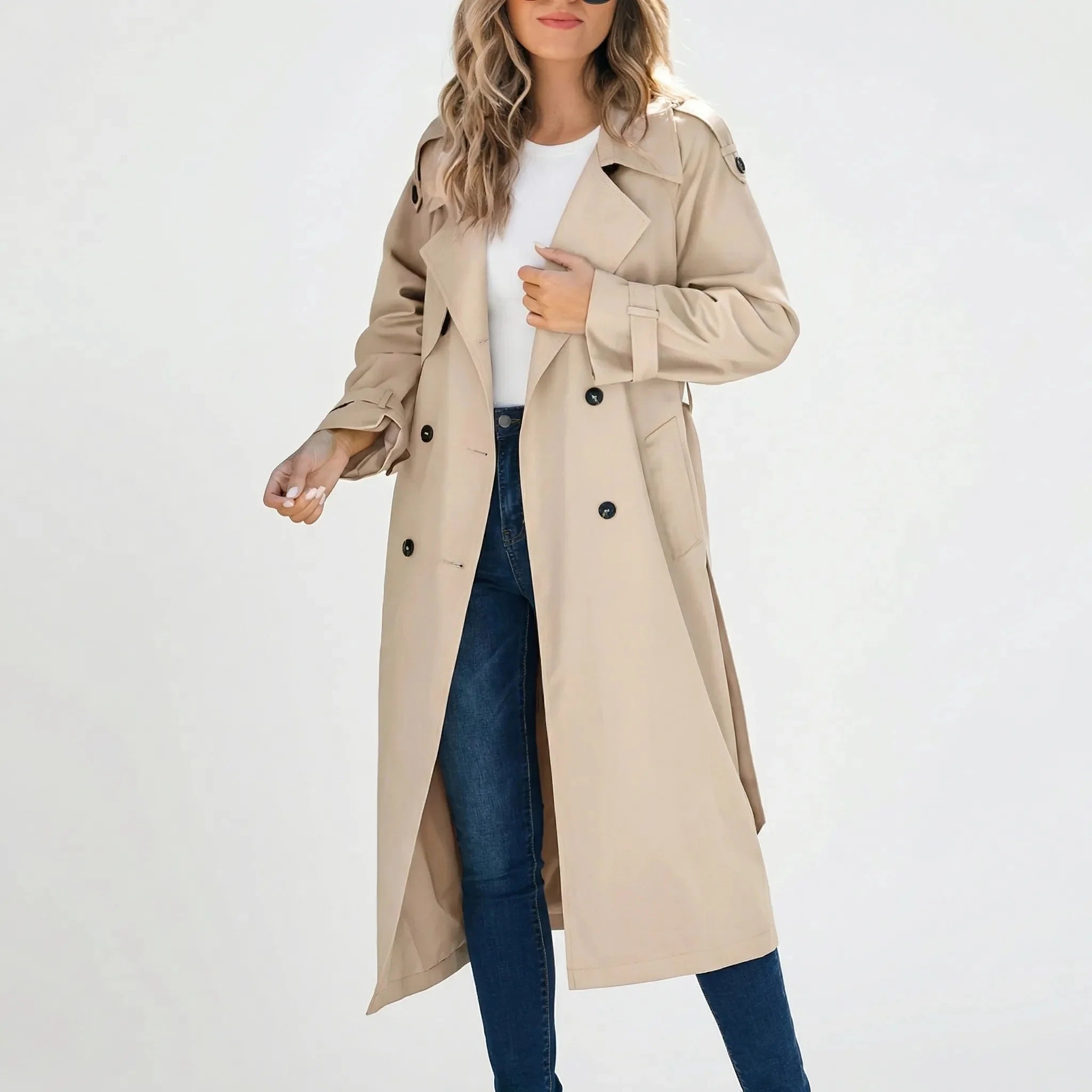 Elegant Trench Coat for Women with Notched Lapel Long Sleeve Double Breasted Belted Long Style