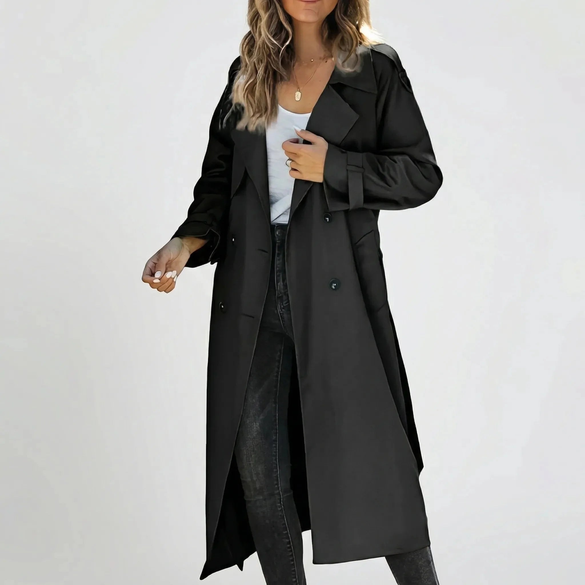 Elegant Trench Coat for Women with Notched Lapel Long Sleeve Double Breasted Belted Long Style