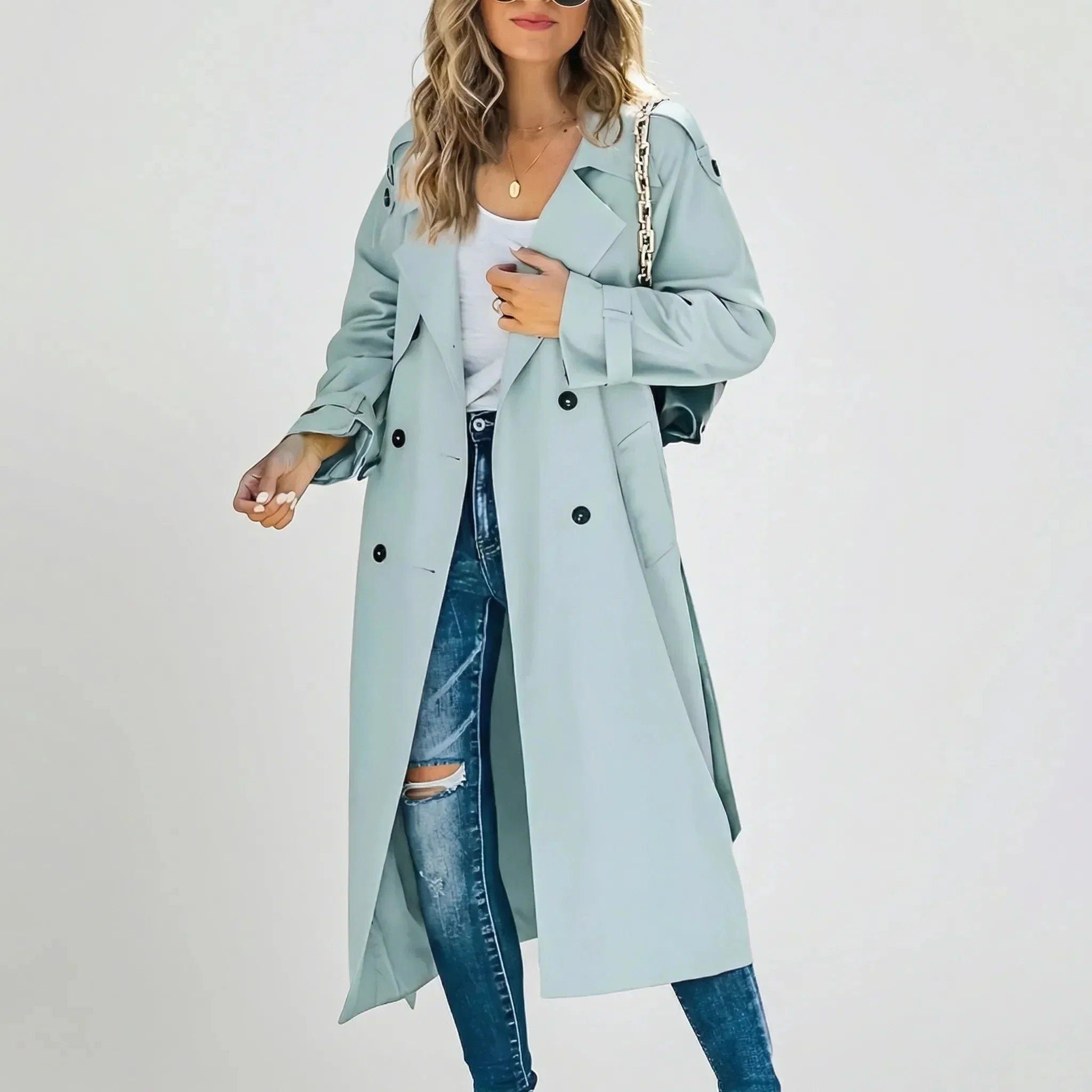 Elegant Trench Coat for Women with Notched Lapel Long Sleeve Double Breasted Belted Long Style