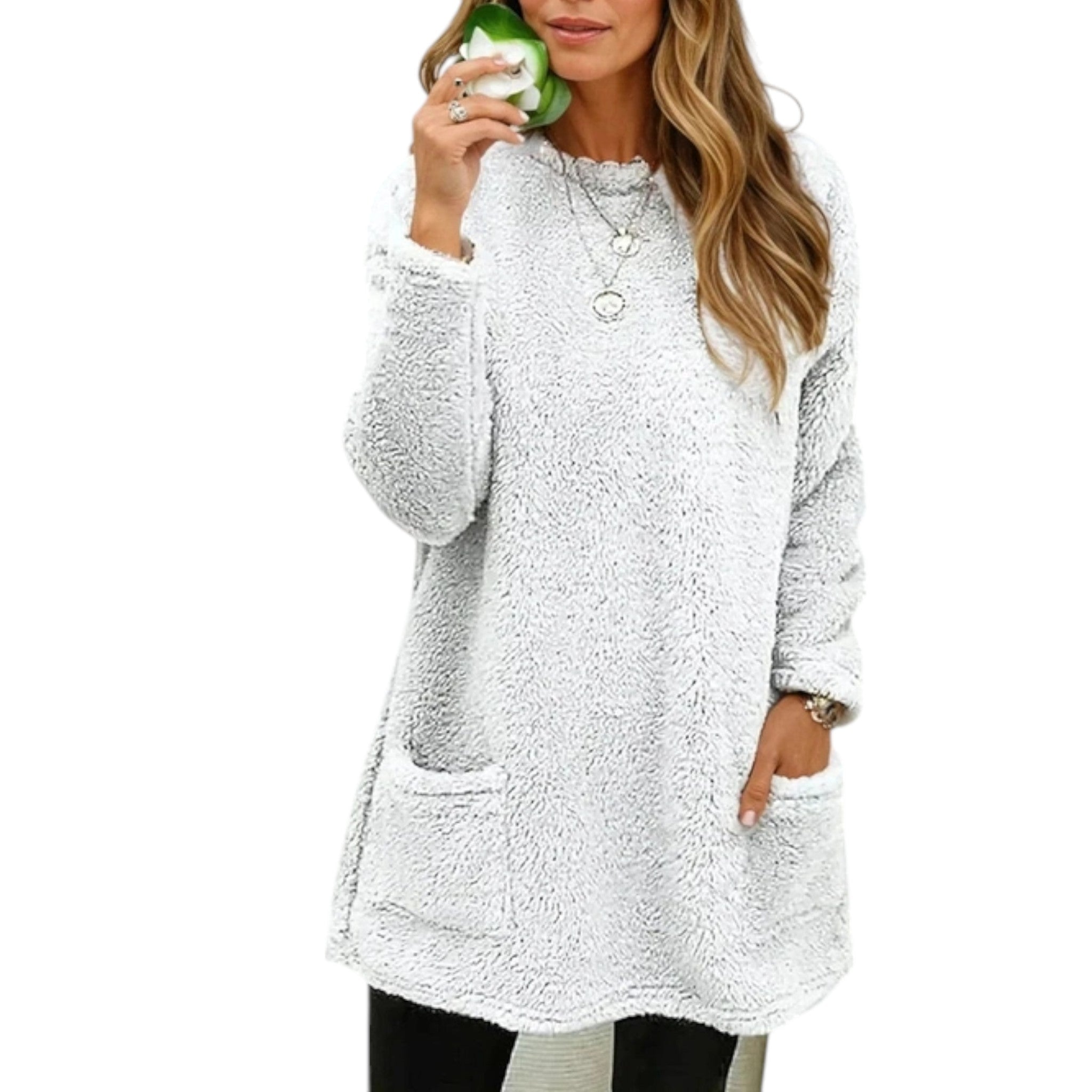Cozy Longline Fleece Sweater for Women with Round Neck Long Sleeve Button Pocket Pullover Style