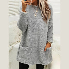 Cozy Longline Fleece Sweater for Women with Round Neck Long Sleeve Button Pocket Pullover Style