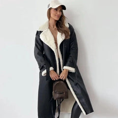 Cozy Black Faux Leather Shearling Coat for Women with Fur Collar Long Sleeve Double Breasted Belted Style
