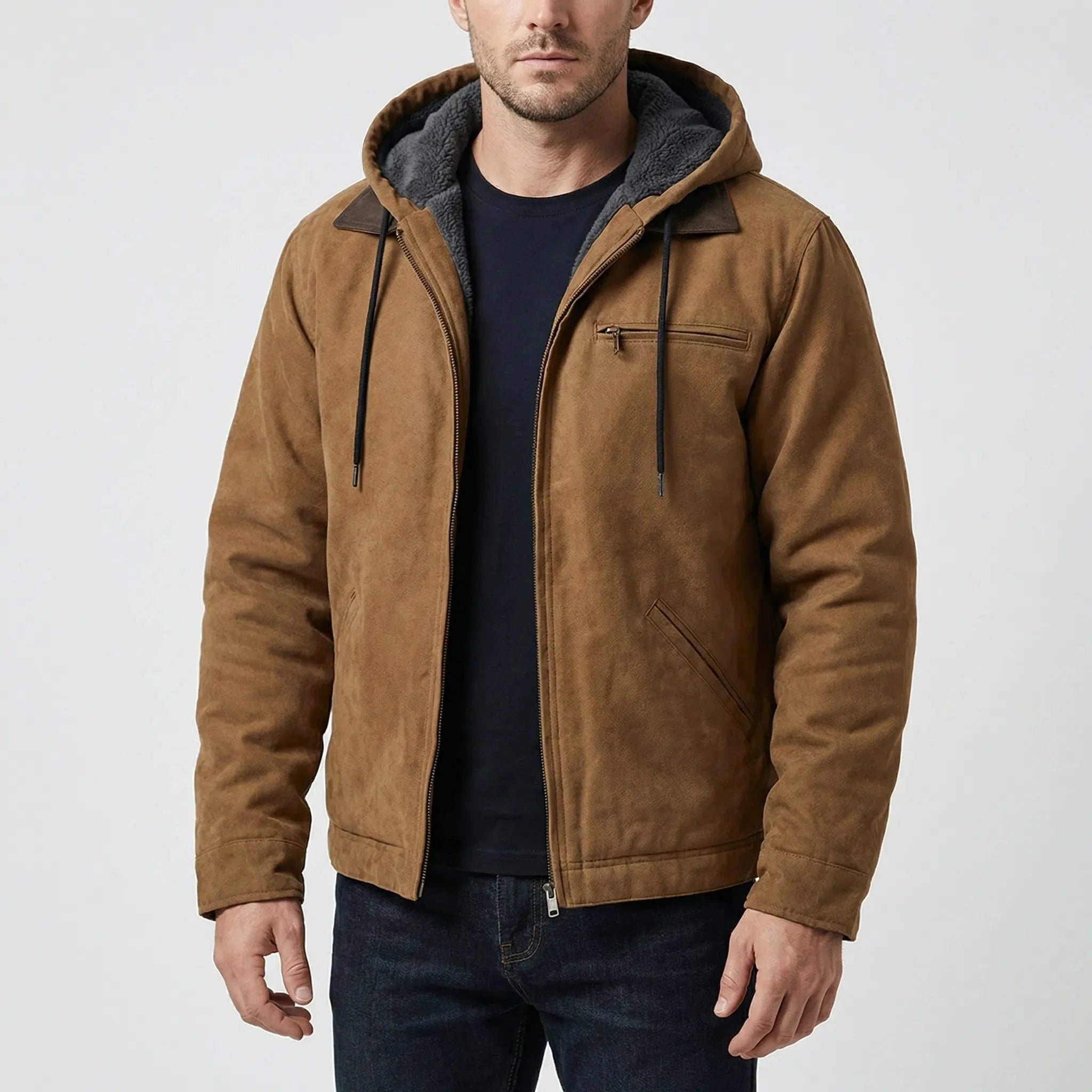 Warm Hooded Jacket for Men with Corduroy Collar Long Sleeve Zip Up Sherpa Lined Trucker Style