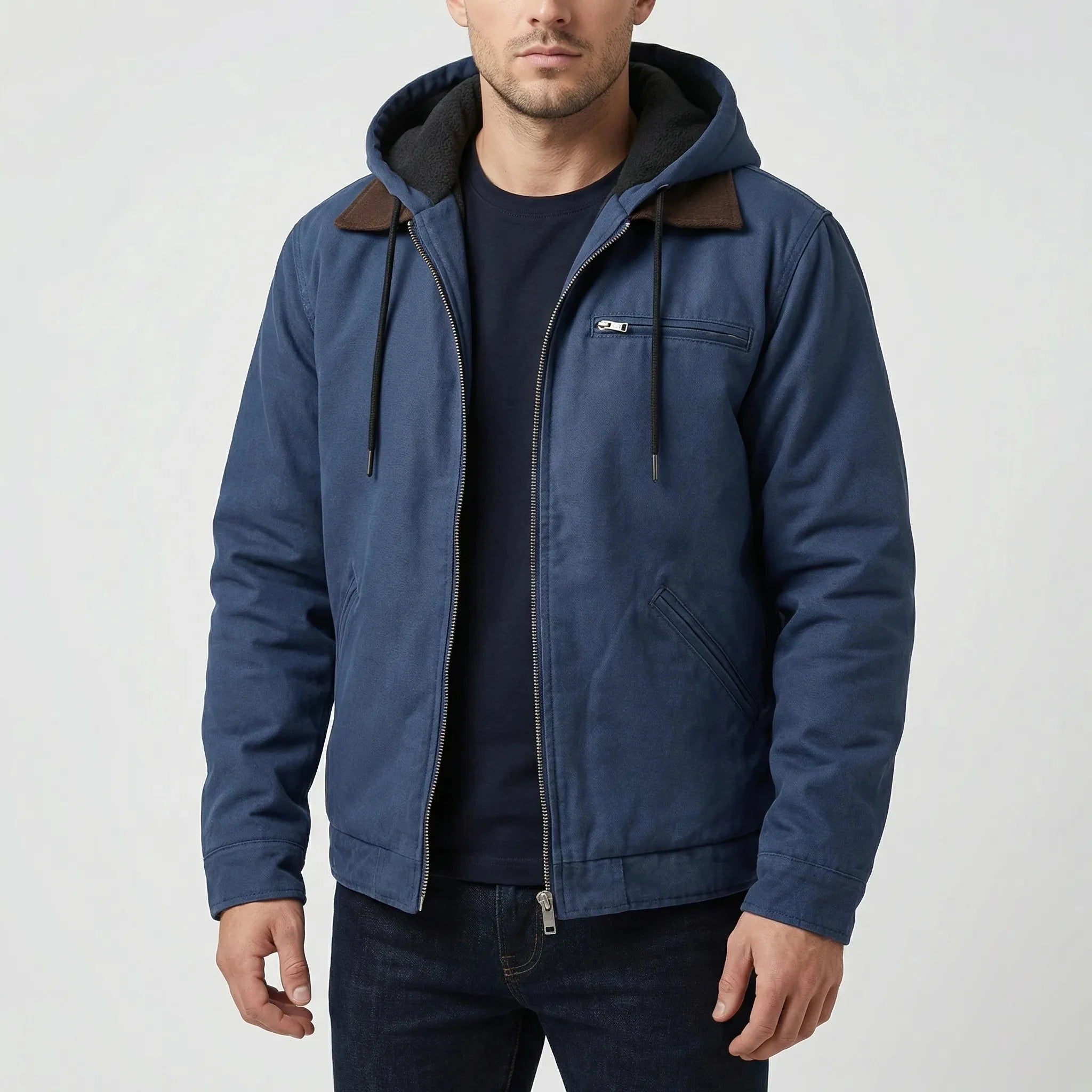 Warm Hooded Jacket for Men with Corduroy Collar Long Sleeve Zip Up Sherpa Lined Trucker Style