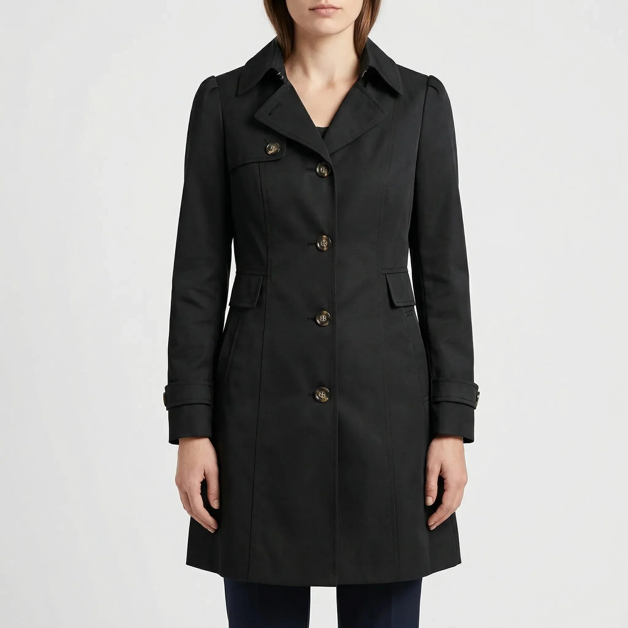 Chic Trench Coat for Women with Notched Lapel Long Sleeve Single Breasted Belted Mid Length Style