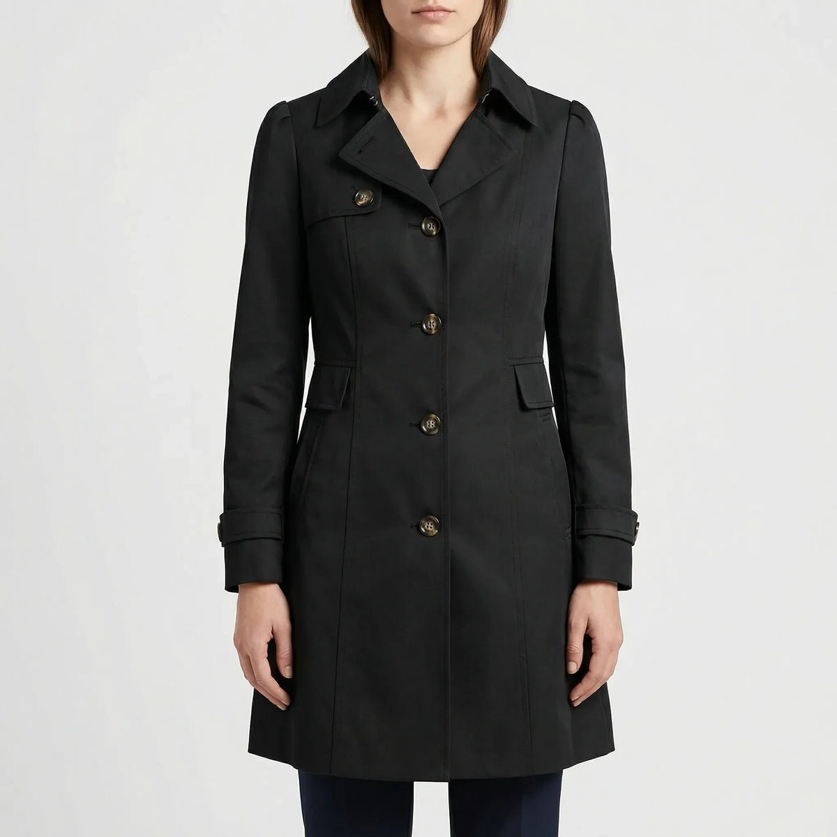 Chic Trench Coat for Women with Notched Lapel Long Sleeve Single Breasted Belted Mid Length Style