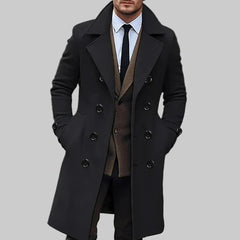 Elegant Wool Coat for Men with Peak Lapel Long Sleeve Double Breasted Longline Business Style