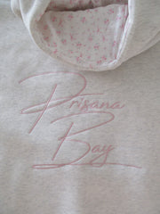 Comfortable Heather Gray Embroidered Bow Hoodie for Women with Hooded Long Sleeve Floral Lined Oversized Knit Style