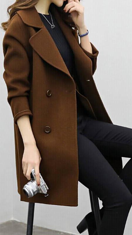 Classic Long Trench Coat for Women with Notched Lapel Long Sleeve Single Breasted Relaxed Style
