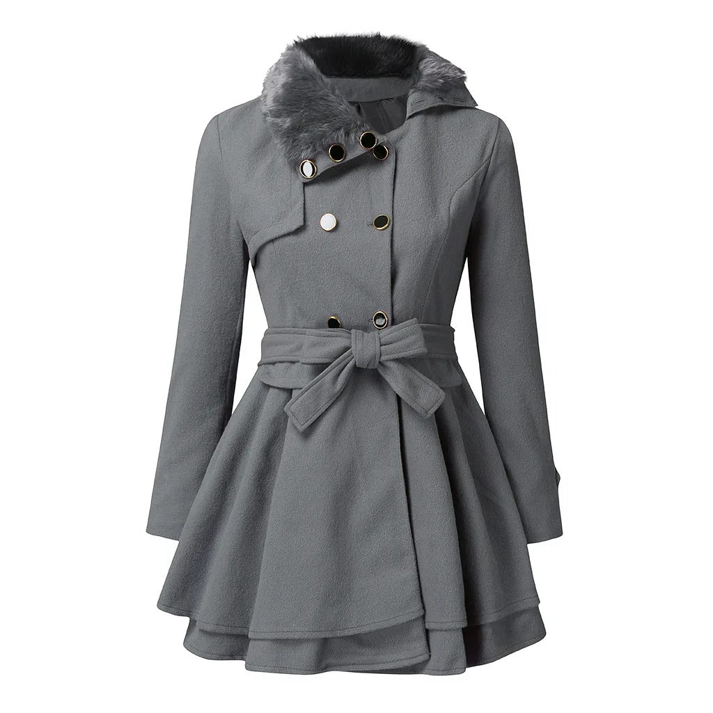 Elegant Winter Trench Coat for Women with Faux Fur Collar Long Sleeve Double Breasted Belted Peplum Style