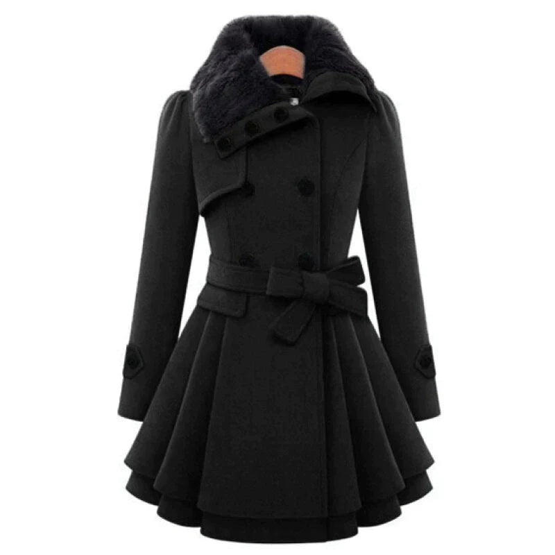 Elegant Winter Trench Coat for Women with Faux Fur Collar Long Sleeve Double Breasted Belted Peplum Style