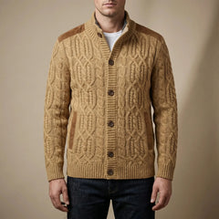 Cozy Cable Knit Cardigan for Men with Stand Collar Long Sleeve Button Up Aran Knit Winter Style