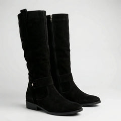 Women's Knee-High Boots Faux Suede Slouch Tall Riding Round Toe Low Block Heel Side Zip