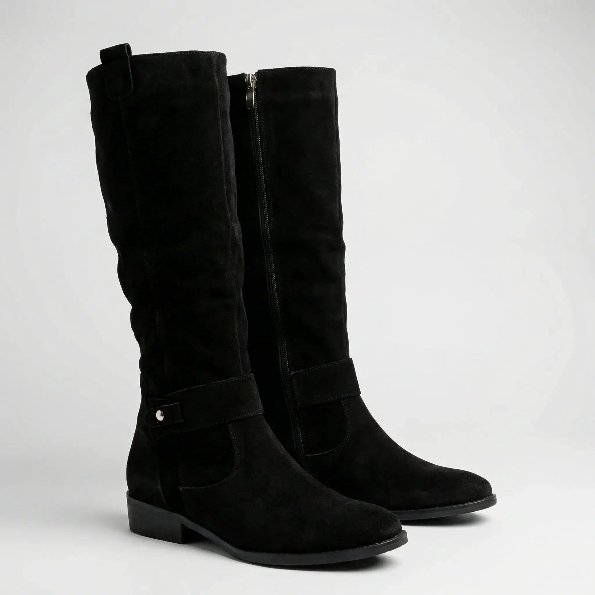 Women's Knee-High Boots Faux Suede Slouch Tall Riding Round Toe Low Block Heel Side Zip