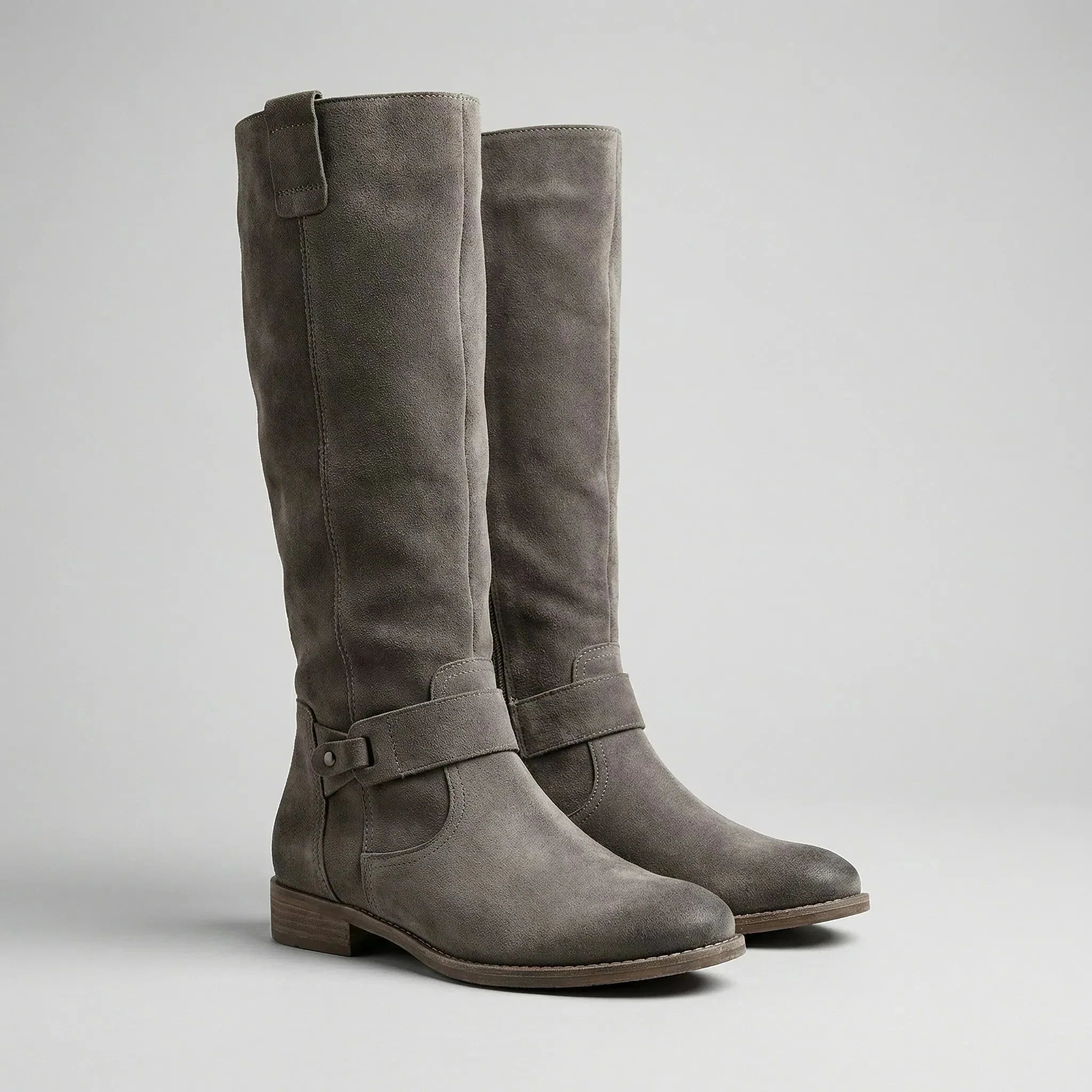 Women's Knee-High Boots Faux Suede Slouch Tall Riding Round Toe Low Block Heel Side Zip