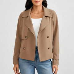 Chic Blazer for Women with Wide Lapel Long Sleeve Double Breasted Cuff Tab Cropped Style