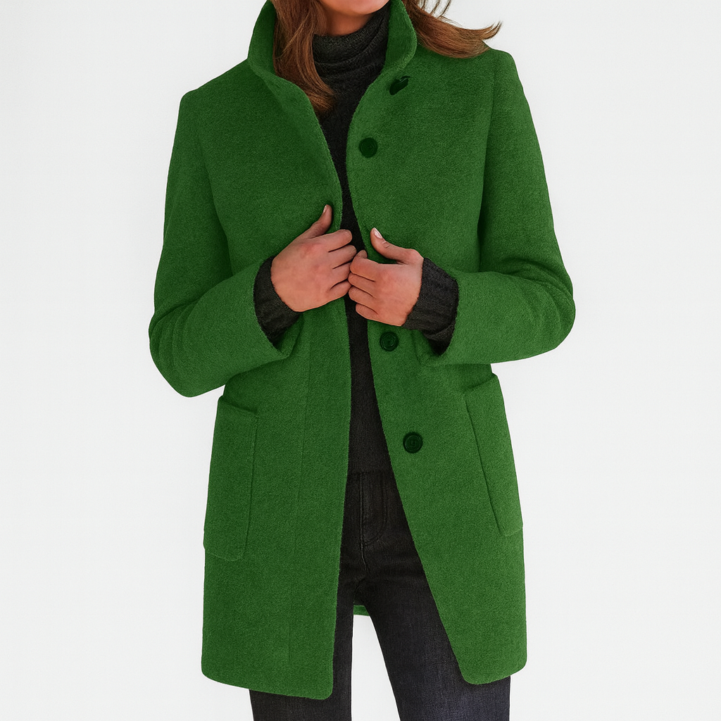Classic Wool Winter Trench Coat for Women with Stand Collar Long Sleeve Single Breasted Overcoat Style