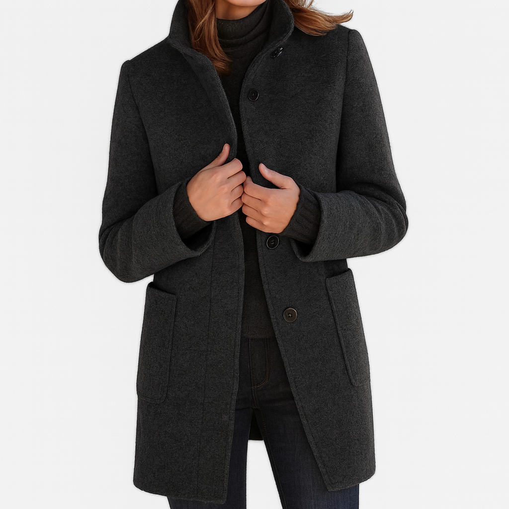 Classic Wool Winter Trench Coat for Women with Stand Collar Long Sleeve Single Breasted Overcoat Style