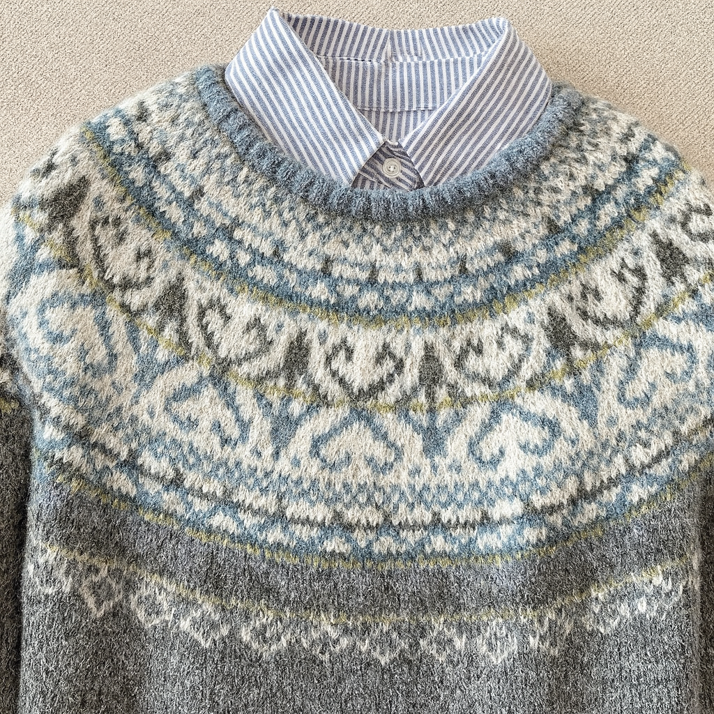 Cozy Grey Fair Isle Knit Sweater for Women with Crew Neck Long Sleeve Nordic Pullover Winter Style