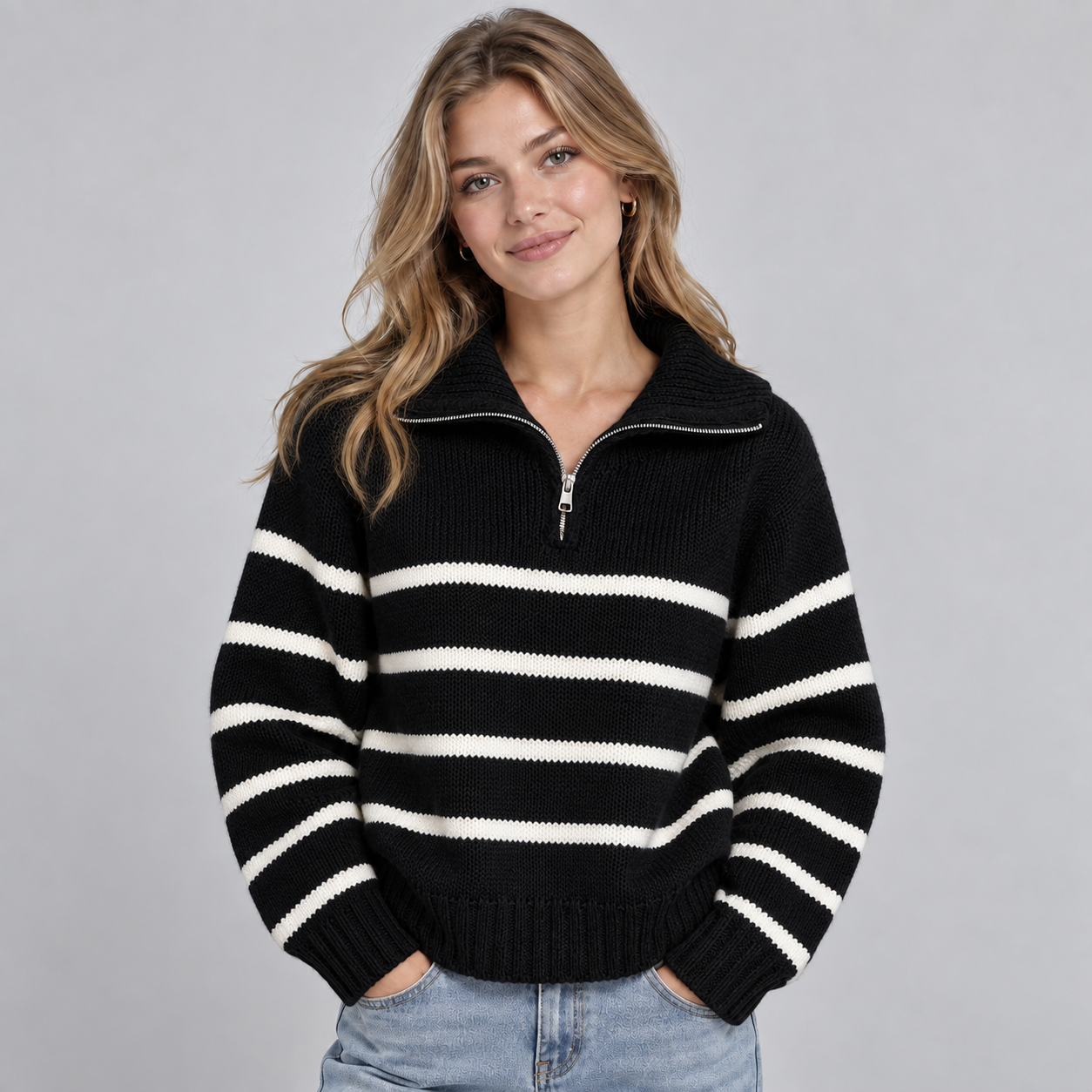 Cozy Oversized Chunky Knit Quarter-Zip Sweater for Women with Striped High Collar Long Sleeve Pullover Style
