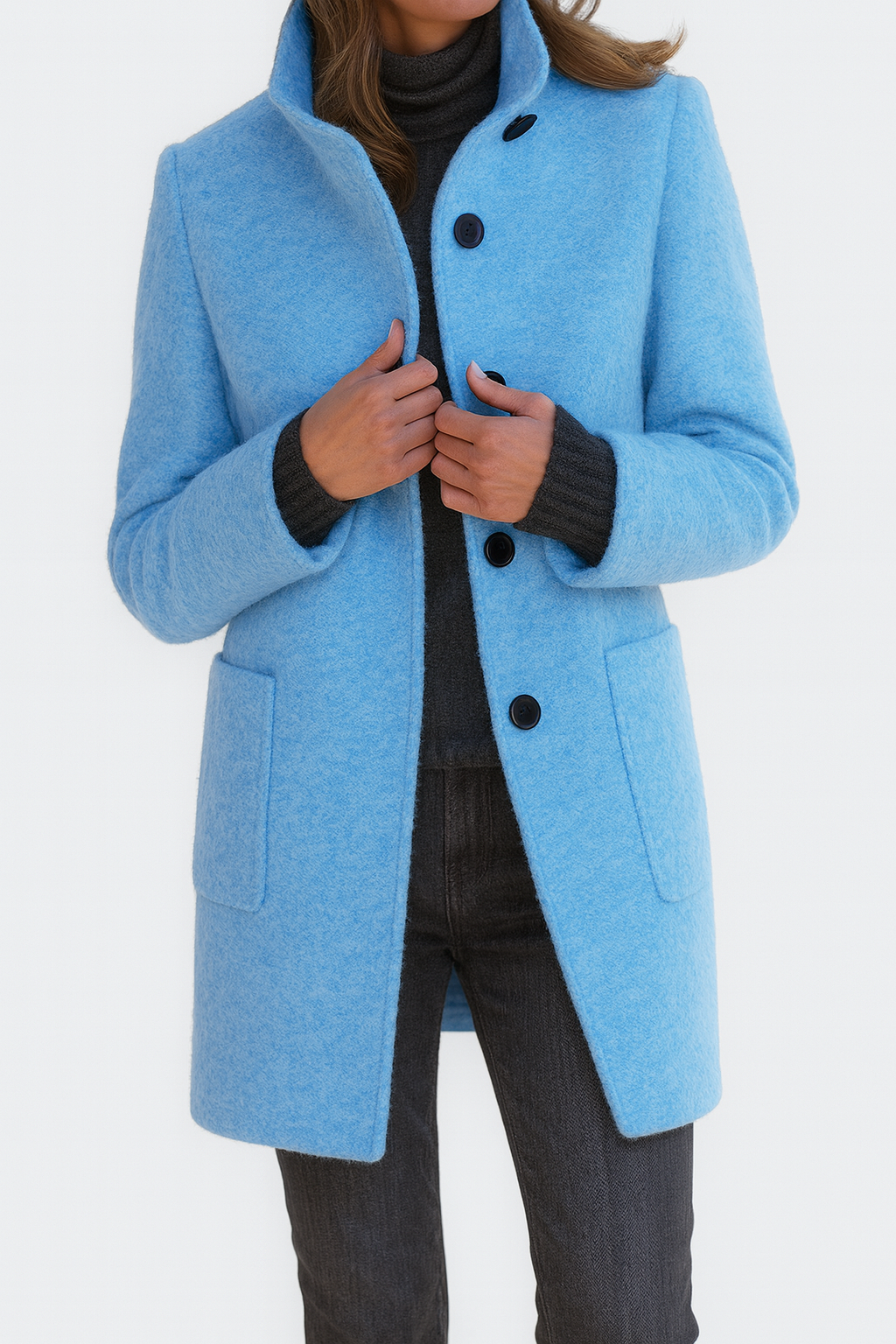 Classic Wool Winter Trench Coat for Women with Stand Collar Long Sleeve Single Breasted Overcoat Style