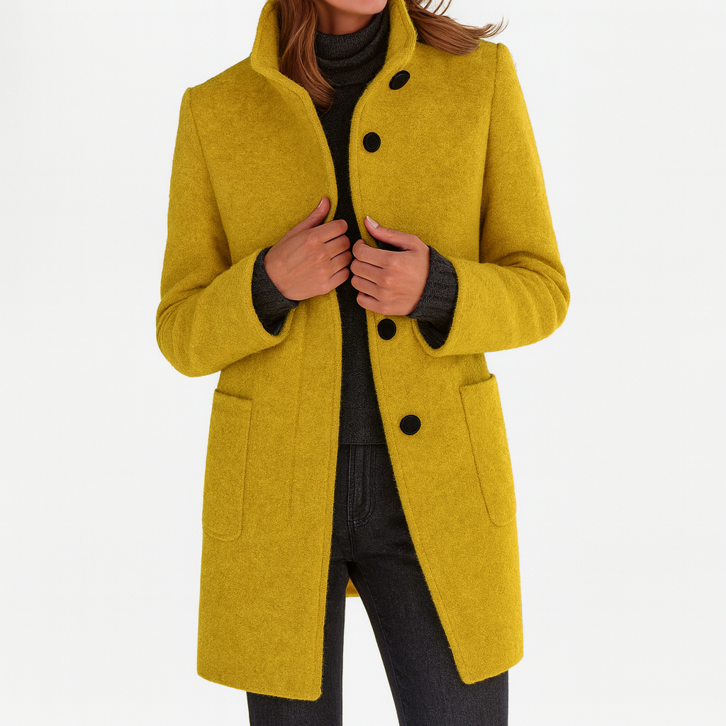 Classic Wool Winter Trench Coat for Women with Stand Collar Long Sleeve Single Breasted Overcoat Style