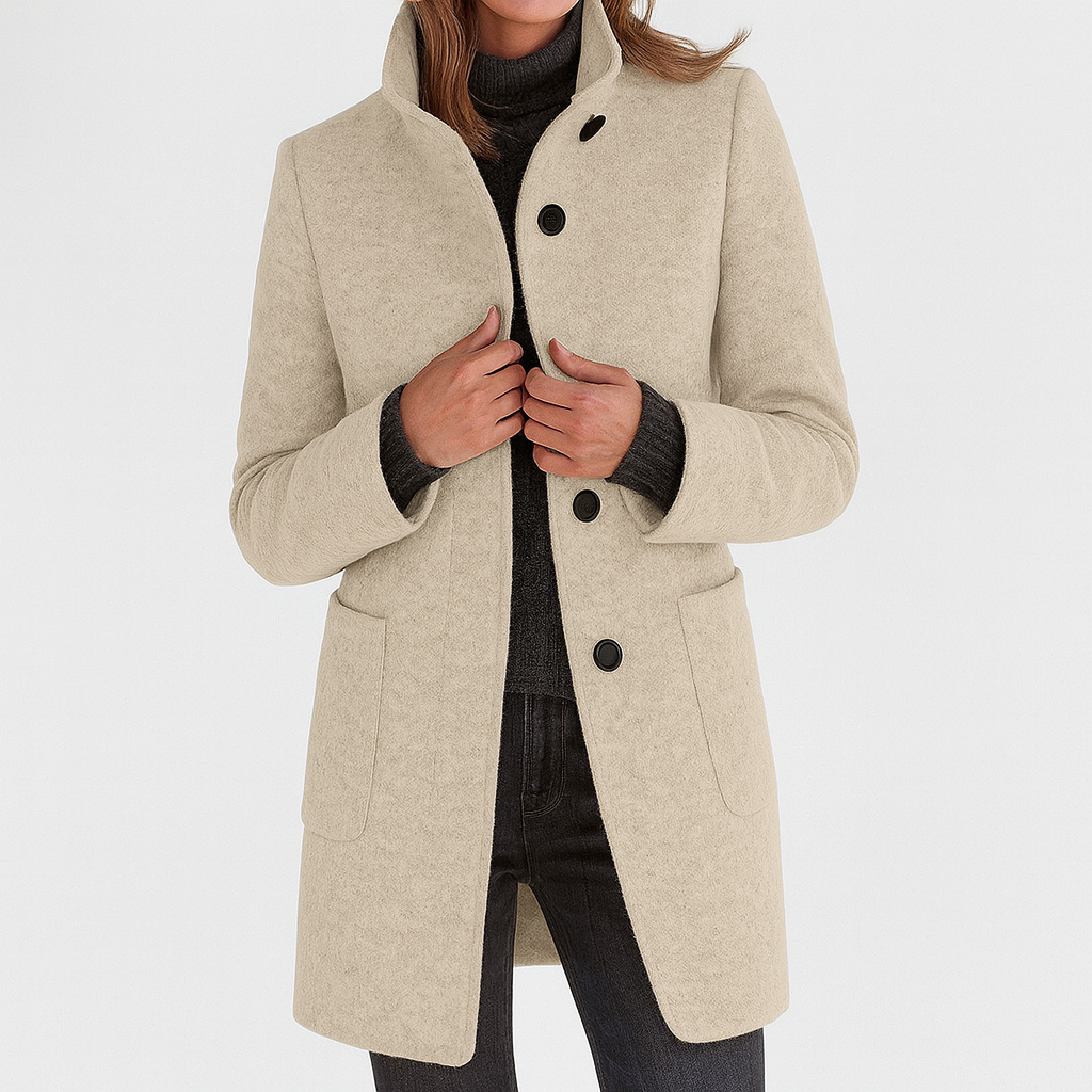 Classic Wool Winter Trench Coat for Women with Stand Collar Long Sleeve Single Breasted Overcoat Style