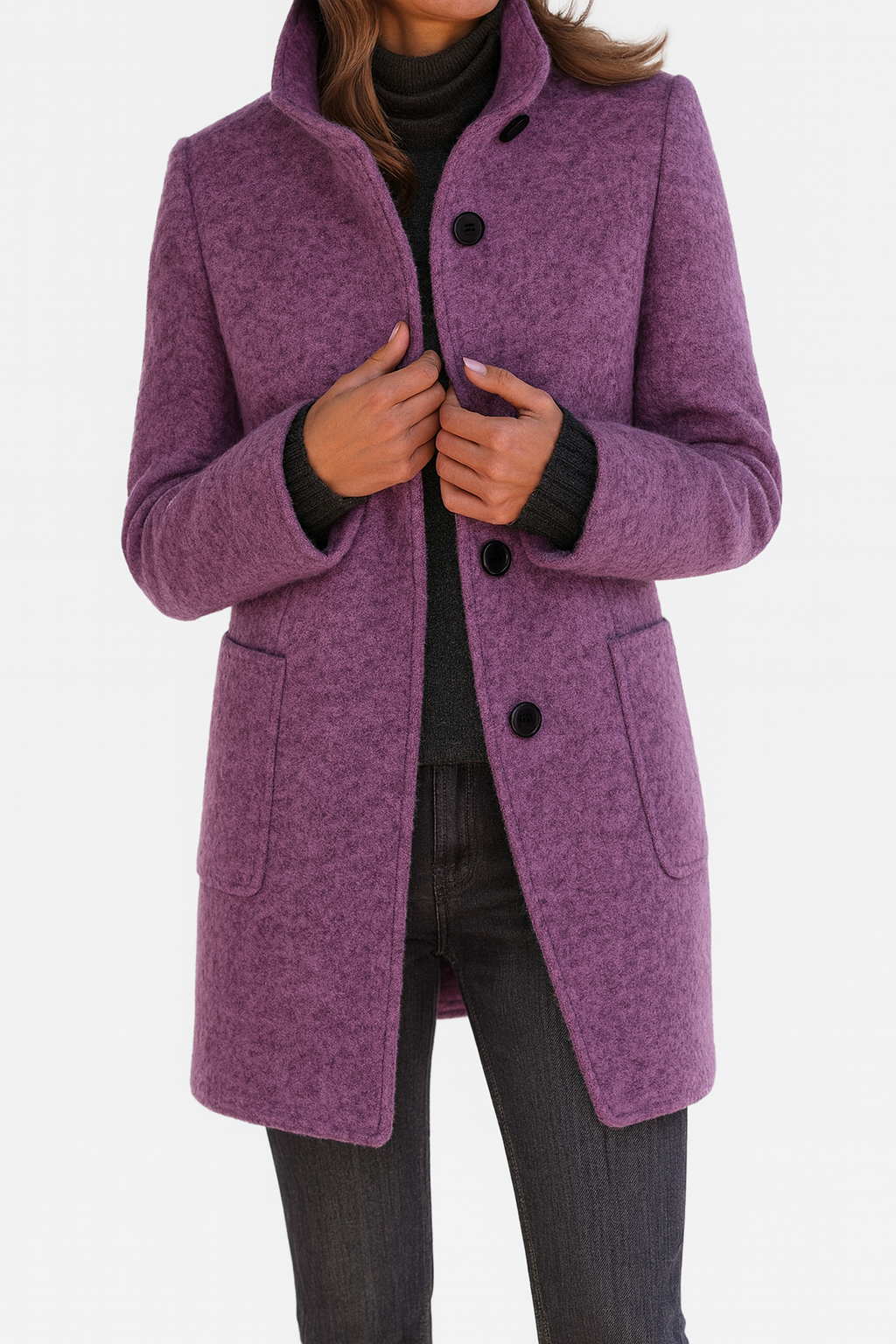 Classic Wool Winter Trench Coat for Women with Stand Collar Long Sleeve Single Breasted Overcoat Style